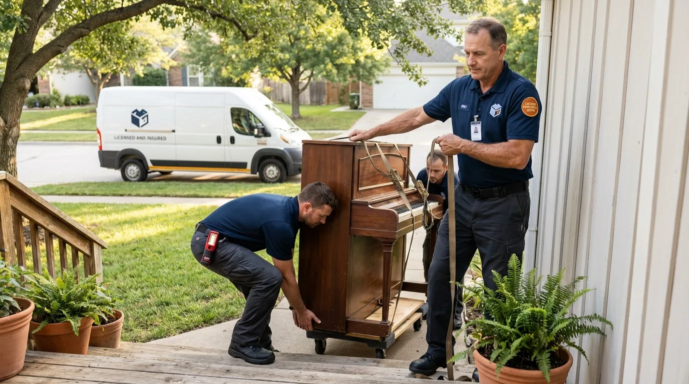 Licensed piano movers securing grand piano in Bayard, NE