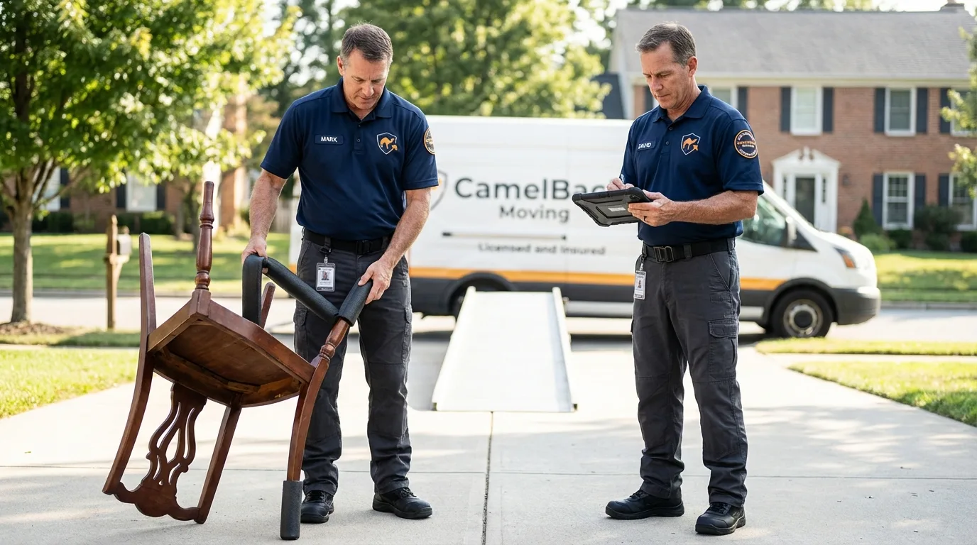 Movers inspecting furniture for damage prevention before loading in Bayard, NE