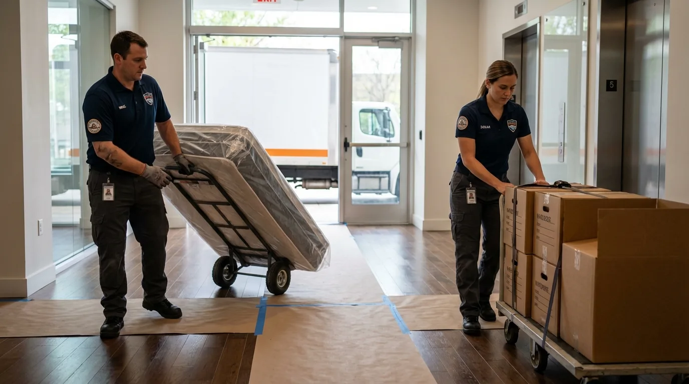 Professional apartment movers loading elevator in Bayard, NE